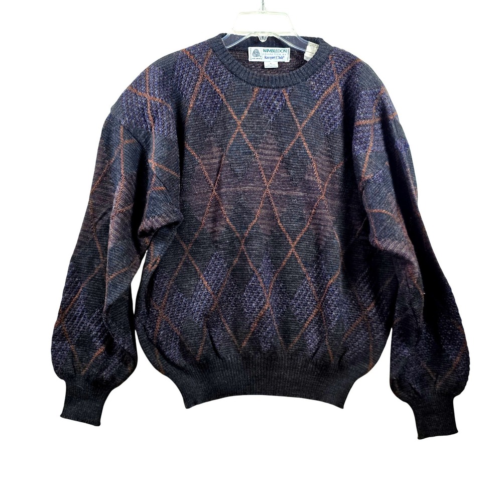 Vintage 90s Wimbledon Argyle Wool Sweater Mens L Preppy Grandpa Racquet Club